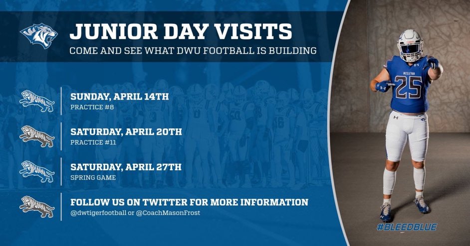 Thank you to <a href="/CoachMasonFrost/">Mason Frost</a> for the junior day invite <a href="/dwtigerfootball/">DWU Football</a>