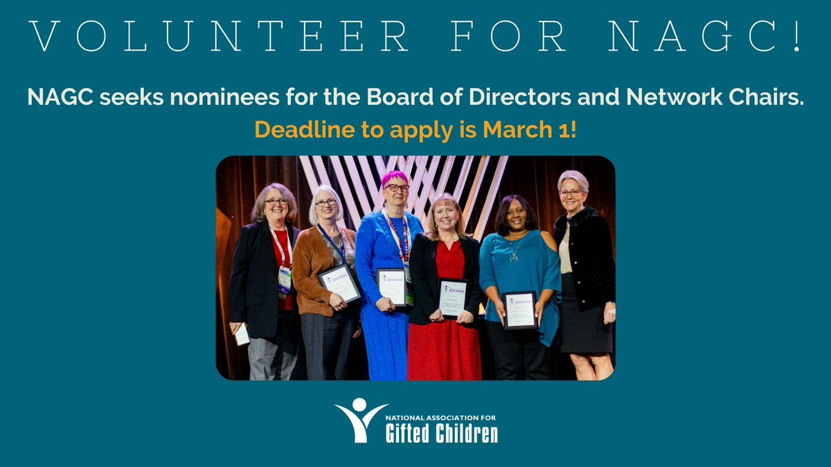 NAGC is looking for leaders like you for the Board and Networks! Apply (or nominate) by March 1 to join NAGC in creating a better future for gifted children: buff.ly/47o3Rgb #Gifted #GiftedEd #GiftedMinds