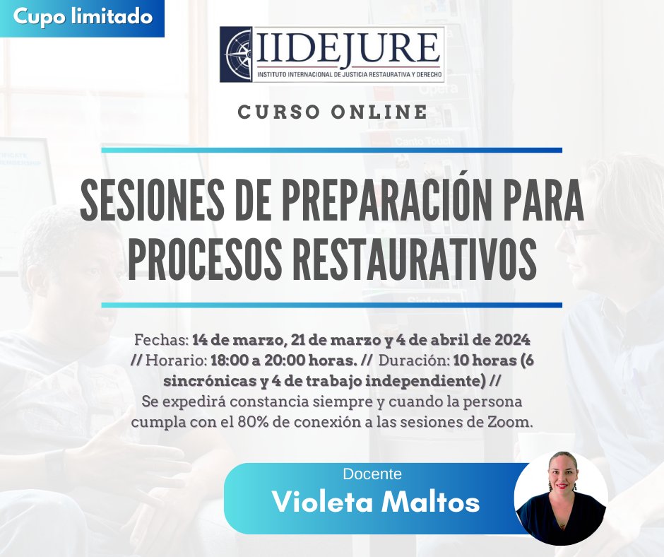 Las sesiones de preparación o reuniones previas son la base del éxito de cualquier proceso restaurativo. 

¡Ven a conocer más de ellas y a practicarlas en este nuevo #CursoOnline!

ℹ️ Obtén toda la información e inscríbete a través del siguiente enlace: forms.gle/3Vzo1Vzqv2oaVe…