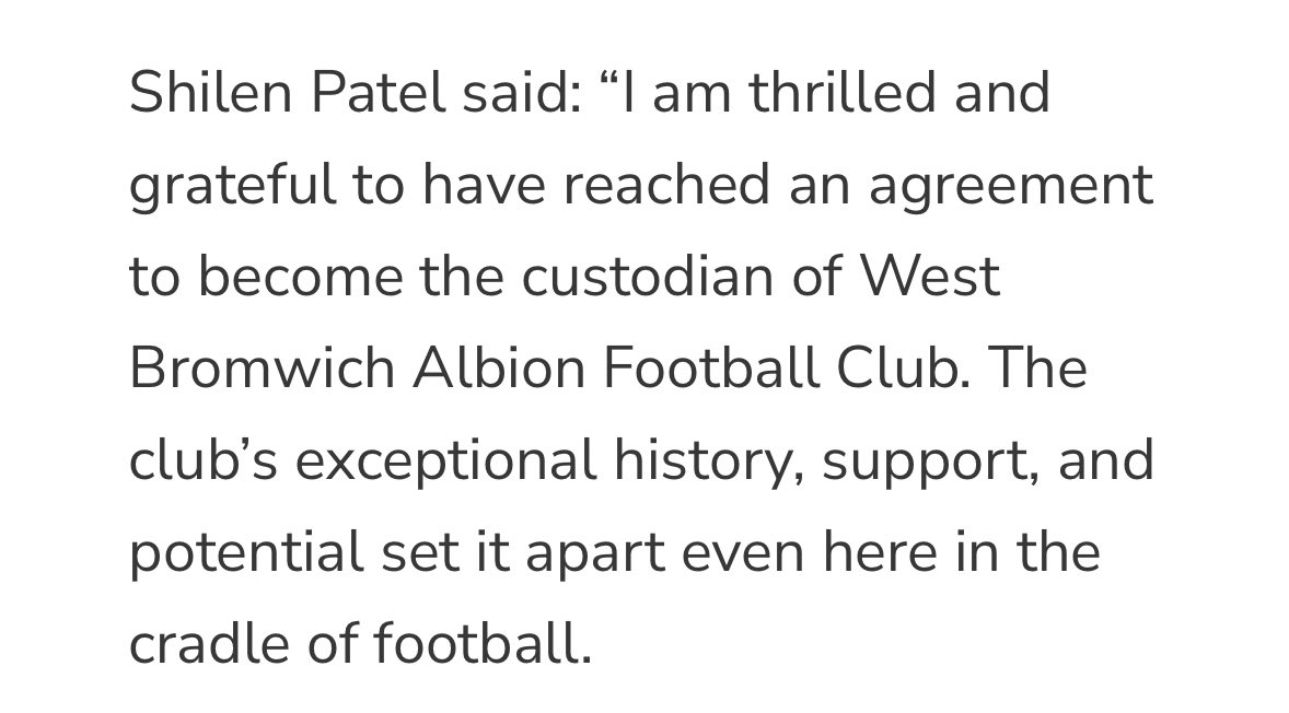 A very well chosen word here, “custodian”.

I hope he continues to treat the club with such respect and reverence.

Off to a good start anyway.

#wba