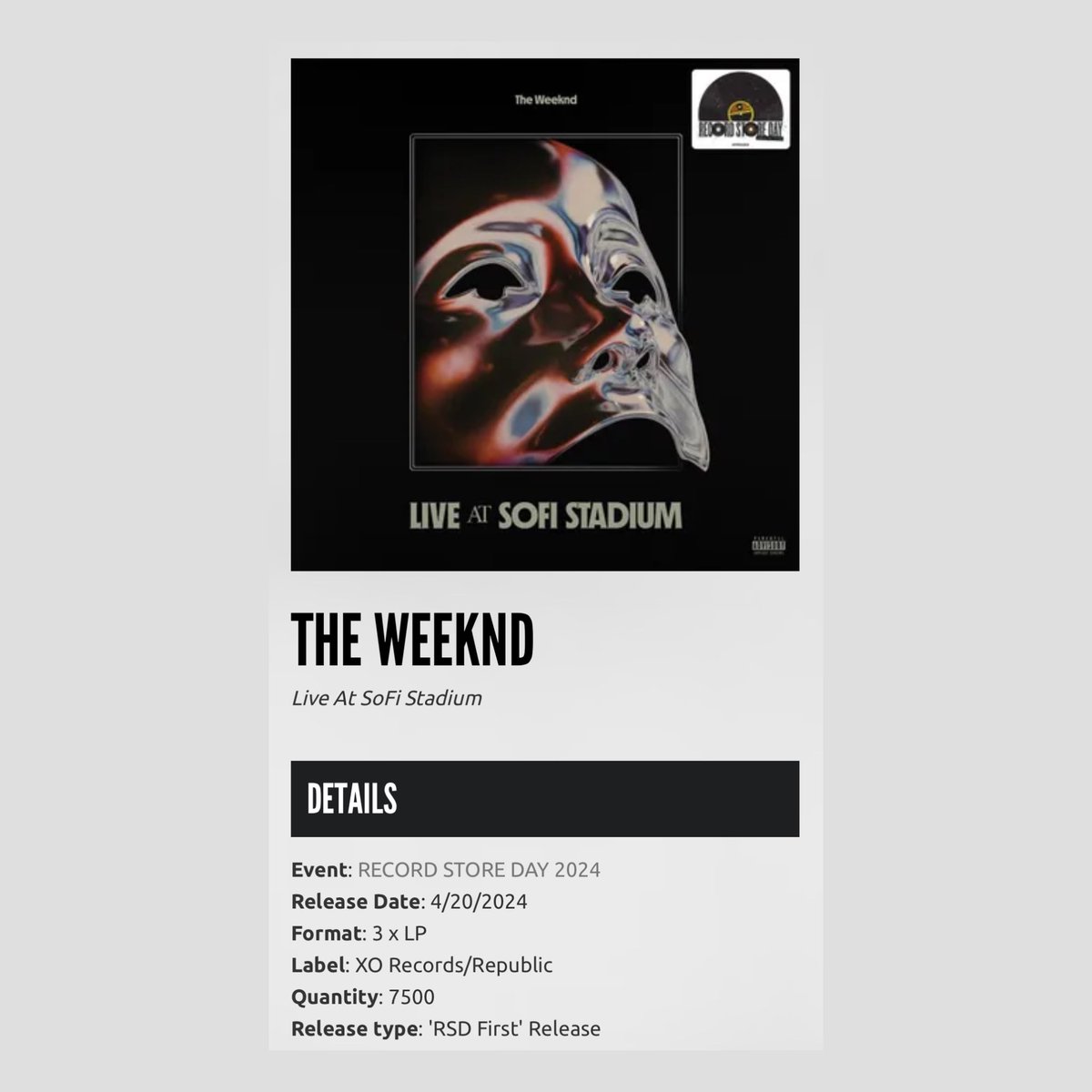 AHDawnTour's tweet photo. “Live at SoFi Stadium” will be released as a vinyl for Record Store Day on April 20th. 7500 units will be available #AfterHoursTilDawnTour 

https://t.co/NyFt4xdK2B https://t.co/msCJ58pzce