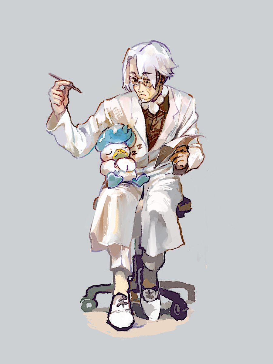 1boy pokemon (creature) sitting labcoat male focus glasses white hair  illustration images