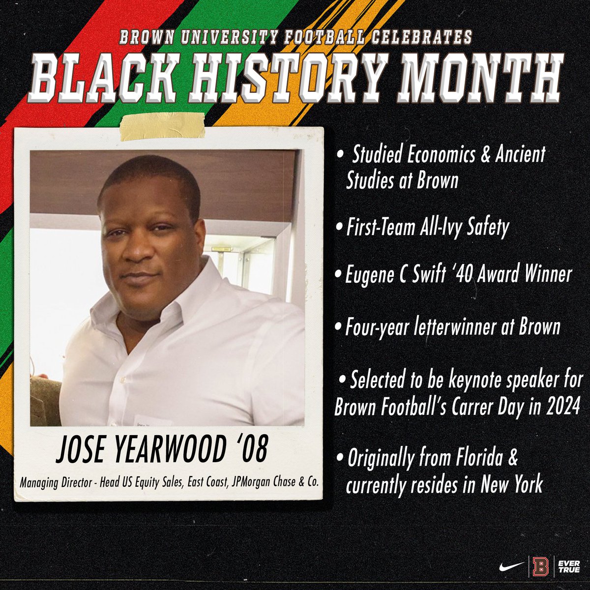 Today we recognize Jose Yearwood '08. Jose was a four-time, letter-winning safety, First-Team All Ivy and recipient of the Eugene C. Swift '40 Award. He currently works at @jpmorgan as the Managing Director - Head US Equity Sales, East Coast. #EverTrue #BlackHistoryMonth