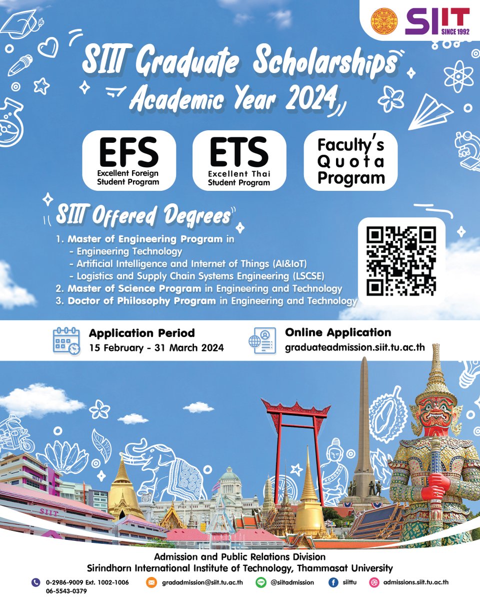 SIIT Graduate Scholarships, Academic Year 2024 Sirindhorn International Institute of Technology (SIIT), Thammasat University, Thailand. 

Apply Now: graduateadmission.siit.tu.ac.th 

#SIIT #Graduate #Scholarship #SIITTU #TU #Thammasat #Thailand