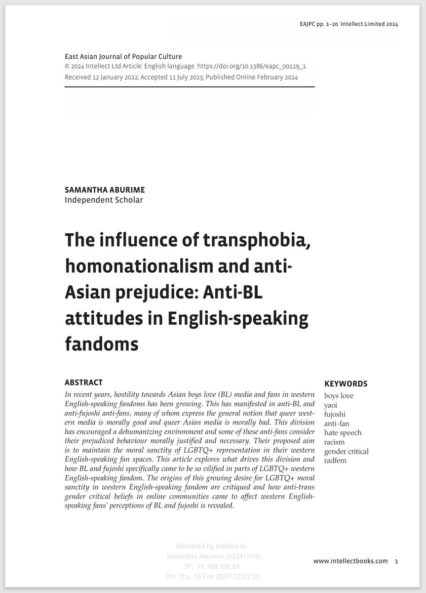 MY ARTICLE 'The influence of transphobia,  homonationalism and anti-Asian prejudice: Anti-BL  attitudes in English-speaking  fandoms' IS LIVE!!!

‼️[ PLEASE READ MY THREAD IN FULL ‼️ ]🧵

Article link: 
doi.org/10.1386/eapc_0…

[ An excerpt from my paper is in the thread below👇🏽]