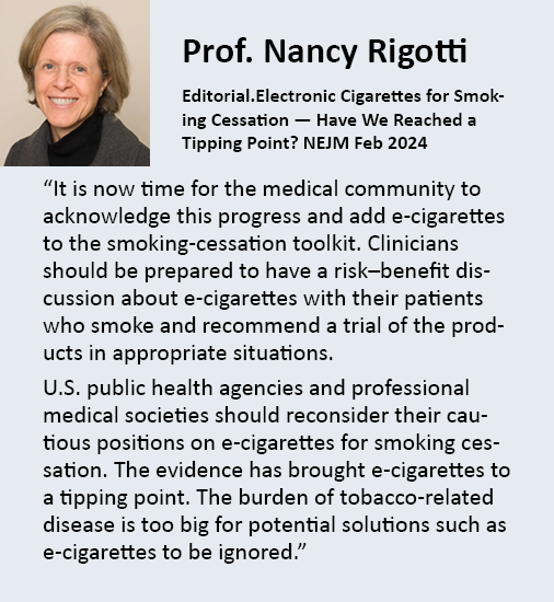ColinMendelsohn's tweet image. 🧵1/3
According to Professor Nancy Rigotti, we have now reached a tipping point with evidence for #vaping 
Clinicians, public health agencies and professional medical societies should reconsider their cautious positions
 
@NEJM editorial 2024
pubmed.ncbi.nlm.nih.gov/38354147/