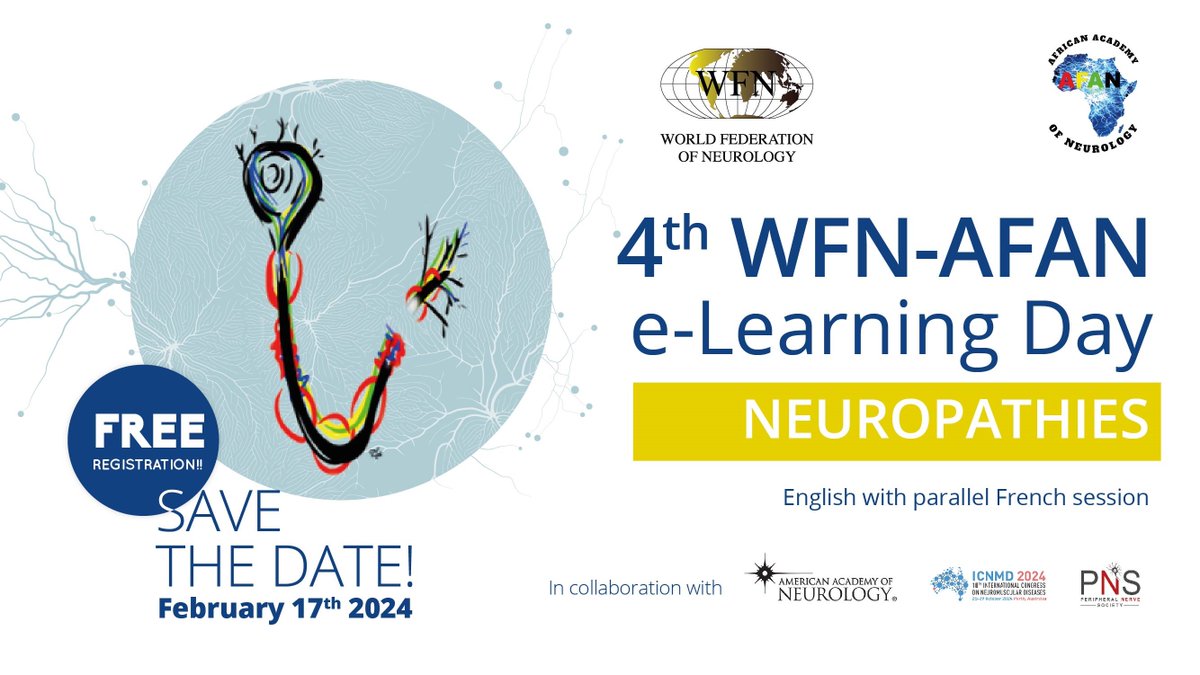 wfneurology's tweet image. Friendly reminder!

Join WFN and the African Academy of Neurology for an enriching #ElearningDay focused on #Neuropathies tomorrow! Remember to secure your spot by registering here: ⤵️
wfneurology.org/wfn-afan-2024-…

#Neurology #WFN #BrainHealth