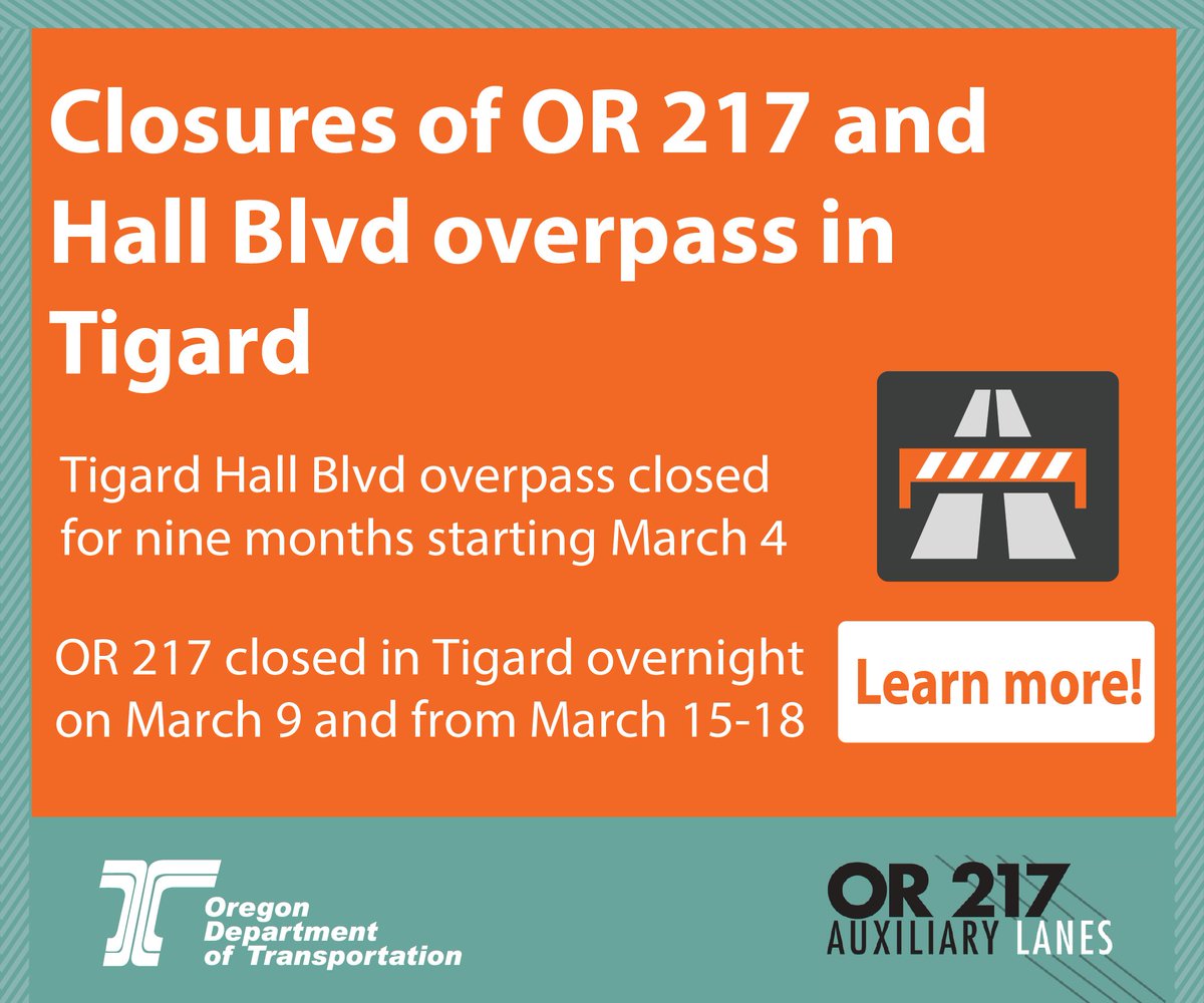 OregonDOT's tweet image. 📢 ATTENTION #Beaverton and #Tigard: The nine-month closure of the Hall Blvd. overpass is coming soon and starting March 4! This marks the first in a series of major closures for the #OR217AuxLanes project while crews replace the overpass. Closure details: bit.ly/3wnbk2g