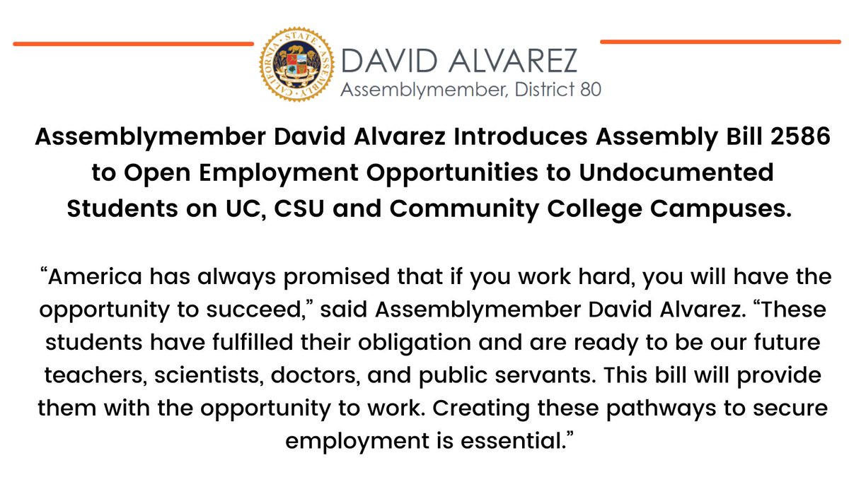 Thanks to all who joined us this morning to present the #Opportunity4All Act #AB2586.This bill will ensure that all students, regardless of their immigration status, have access to campus employment opportunities at the UC, CSU, and CCC. @UCLA_CILP @UCLALabor @SenGonzalez33