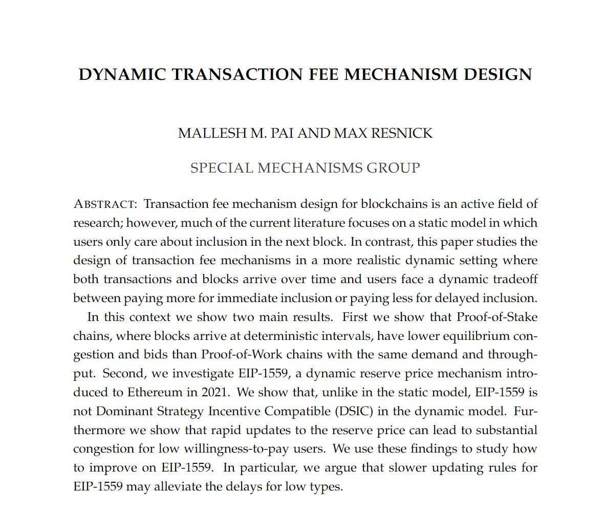 Max Resnick (@maxresnick1) on Twitter photo New Paper Alert🚨
<a href="/malleshpai/">Mallesh Pai</a> and I consider transaction fee mechanism design in a dynamic context where users don't just care about immediate inclusion but instead face a dynamic tradeoff between faster inclusion and lower fees. 1/n New Paper Alert🚨
<a href="/malleshpai/">Mallesh Pai</a> and I consider transaction fee mechanism design in a dynamic context where users don't just care about immediate inclusion but instead face a dynamic tradeoff between faster inclusion and lower fees. 1/n