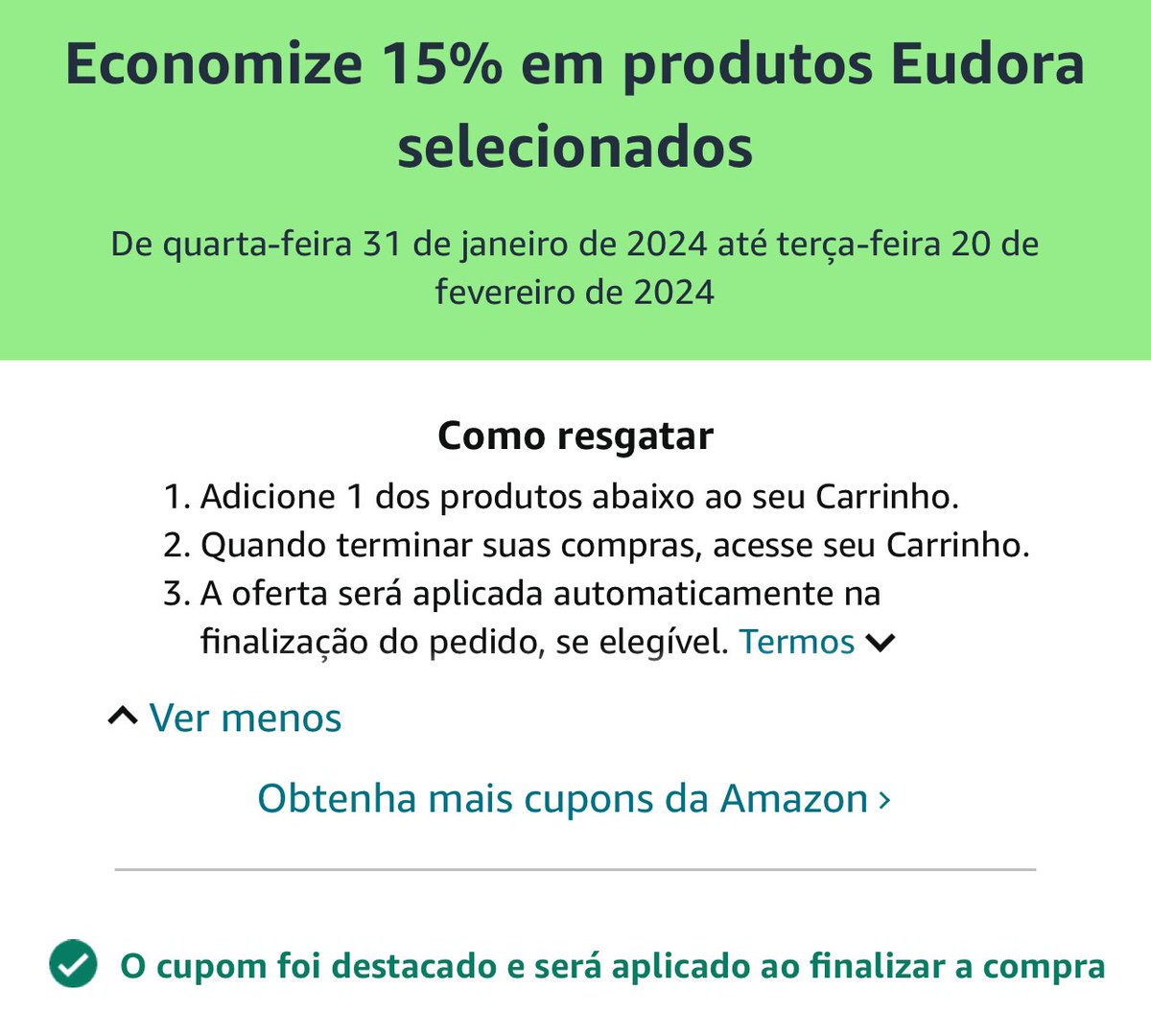 boopromoss's tweet image. 🥳 Cupom Amazon

🛍️ 15% off em produtos da Eudora!

🔗 amzn.to/42EtsjW
🔗