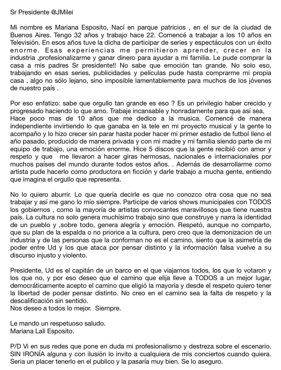 fedeebongiorno's tweet photo. ✍️ El mensaje de Lali al presidente Javier Milei luego de los dichos en su contra:

“Siento que la asimetría de poder entre usted y los que ataca por pensar distinto y la información falsa vuelve a su discurso injusto y violento” https://t.co/ePwwq85yoX