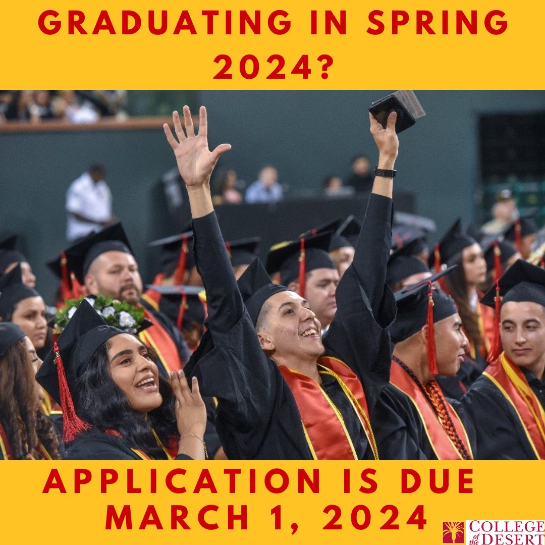 🎓It is almost graduation season! The application deadline for spring 2024 graduation is March 1, 2024. 

🔗For more information click the link in our bio and find more details under, "Application for a Degree or Certificate." 

#YourCommunityYourCollege #CollegeoftheDesert