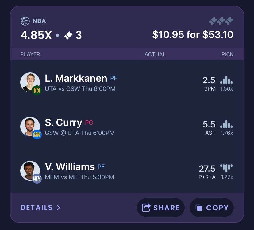 heemsports1's tweet photo. 2/15 #NBA THREE MAN🏀
Lauri Markkanen o2.5 3PM (-150)
Steph Curry o5.5 Assist (-130)
Vince Williams u27.5 PRA (-120)
If you don’t have Sleeper use code HEEM for 100% match deposit! - https://t.co/7C0lxIizT3
#Sleeper #sleeperDSF #sleeperNBA #GamblingX #GamblingsTwitter https://t.co/ychidE49WV