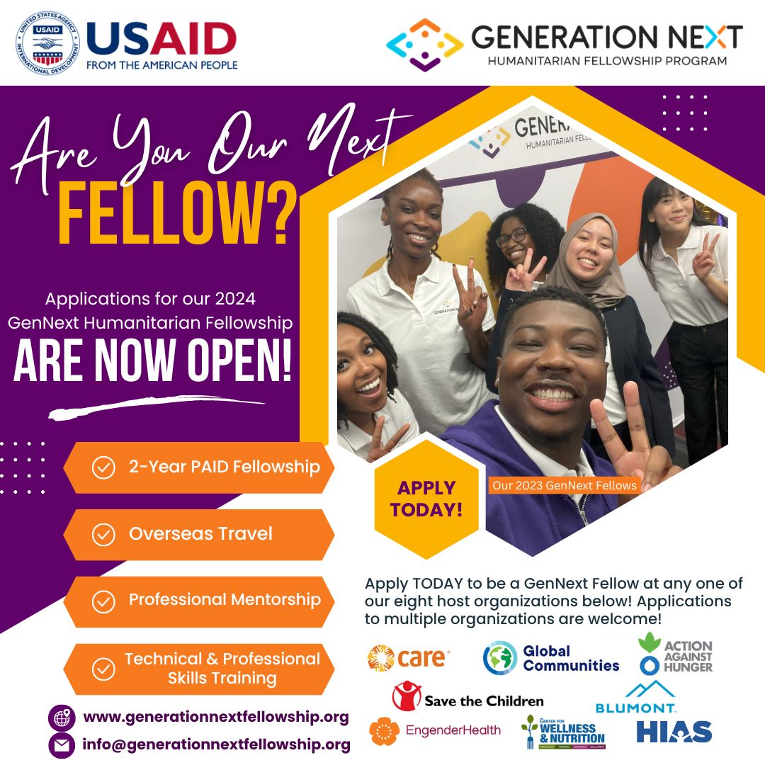 opportunitiesfy's tweet photo. 🚀 Apply now for our 2024 Generation Next Humanitarian Fellowship Program! Multiple applications welcome. Launch your career in humanitarian work with professional development opportunities! APPLY TODAY: https://t.co/PozaqH4Ke4

#humanitarian #fellowship #careerdevelopment 🌍 https://t.co/e8ZwTxiOhE