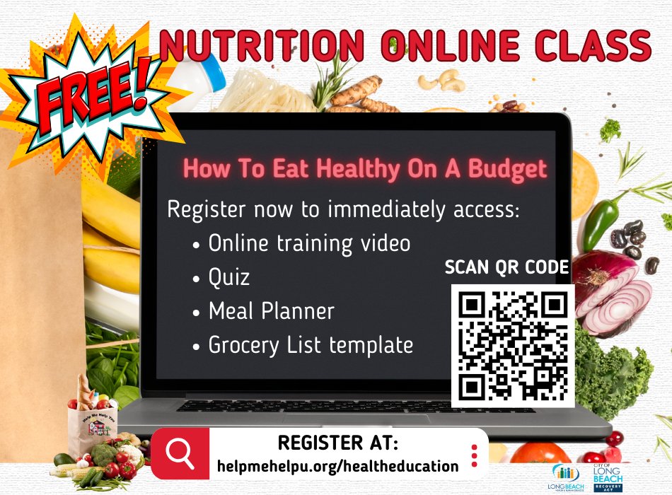 helpmehelpuLB's tweet image. Free online nutrition education training! Learn how to Eat Healthy On A Budget with the Free video and resources.  Register now to get immediate access by scanning the QR code or visiting helpmehelpu.org/healtheducation.
