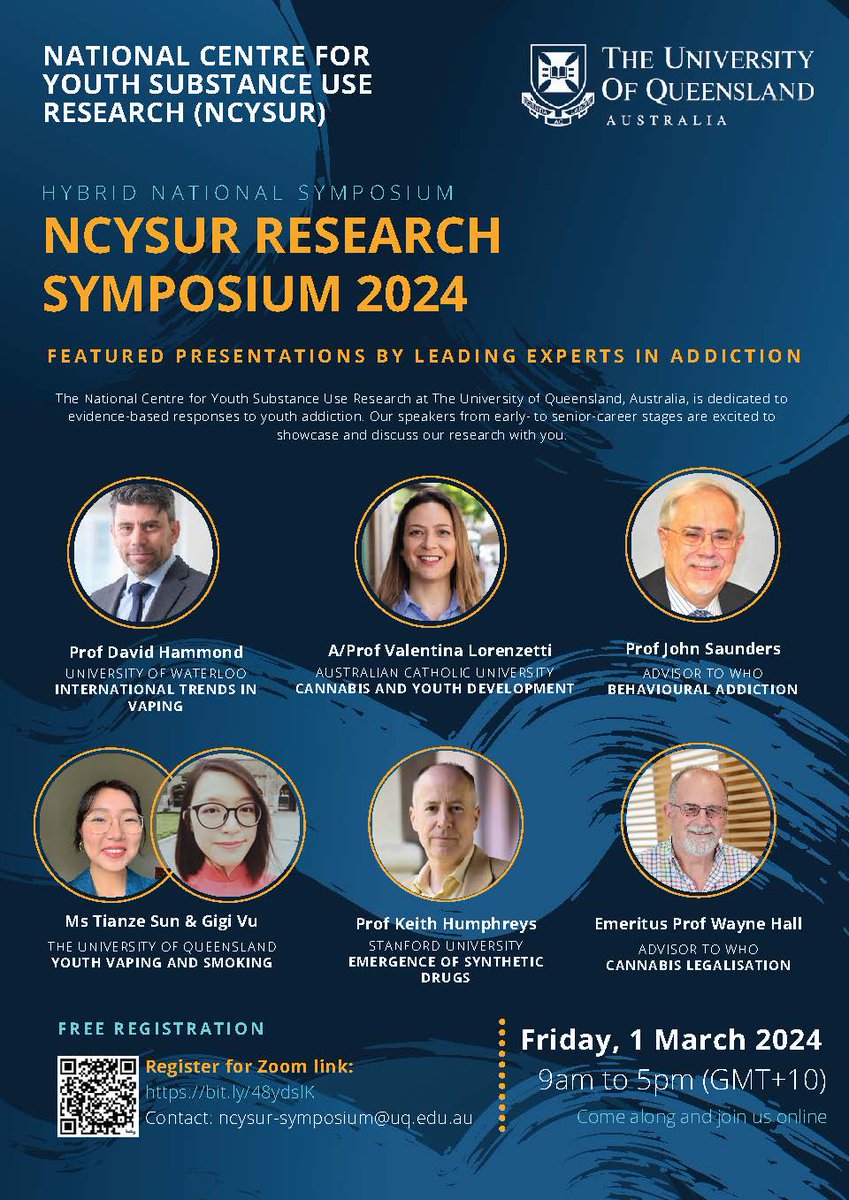 Gary Chan (@garyckchan) on Twitter photo Want to hear the latest research in youth addiction?
Join our hybrid <a href="/NCYSUR/">National Centre for Youth Substance Use Research</a> symposium!
🗓️1 Mar, 9-5pm AEST
👇👇👇
Free registration
bit.ly/48ydslK
<a href="/UQ_News/">UQ News</a> <a href="/UQHealth/">UQ Health</a> <a href="/UQPsych/">UQPsych</a> <a href="/CREtobacco/">NHMRC CRE on Achieving the Tobacco Endgame</a> <a href="/APSADConf/">A.P.S.A.D</a> Want to hear the latest research in youth addiction?
Join our hybrid <a href="/NCYSUR/">National Centre for Youth Substance Use Research</a> symposium!
🗓️1 Mar, 9-5pm AEST
👇👇👇
Free registration
bit.ly/48ydslK
<a href="/UQ_News/">UQ News</a> <a href="/UQHealth/">UQ Health</a> <a href="/UQPsych/">UQPsych</a> <a href="/CREtobacco/">NHMRC CRE on Achieving the Tobacco Endgame</a> <a href="/APSADConf/">A.P.S.A.D</a>