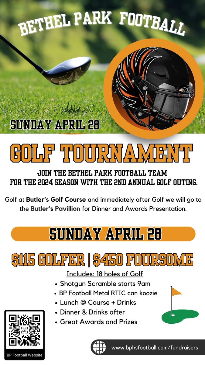Golf scramble to support the Bethel Park High School football team Sunday April 28th Butlers Golf Course, Lakeside course. Registration starts at 8:00 am Shotgun start at 9:00 am Golf Website to register: buff.ly/42ER8Vy @BPHawksfootball #BUILTBYBETHEL