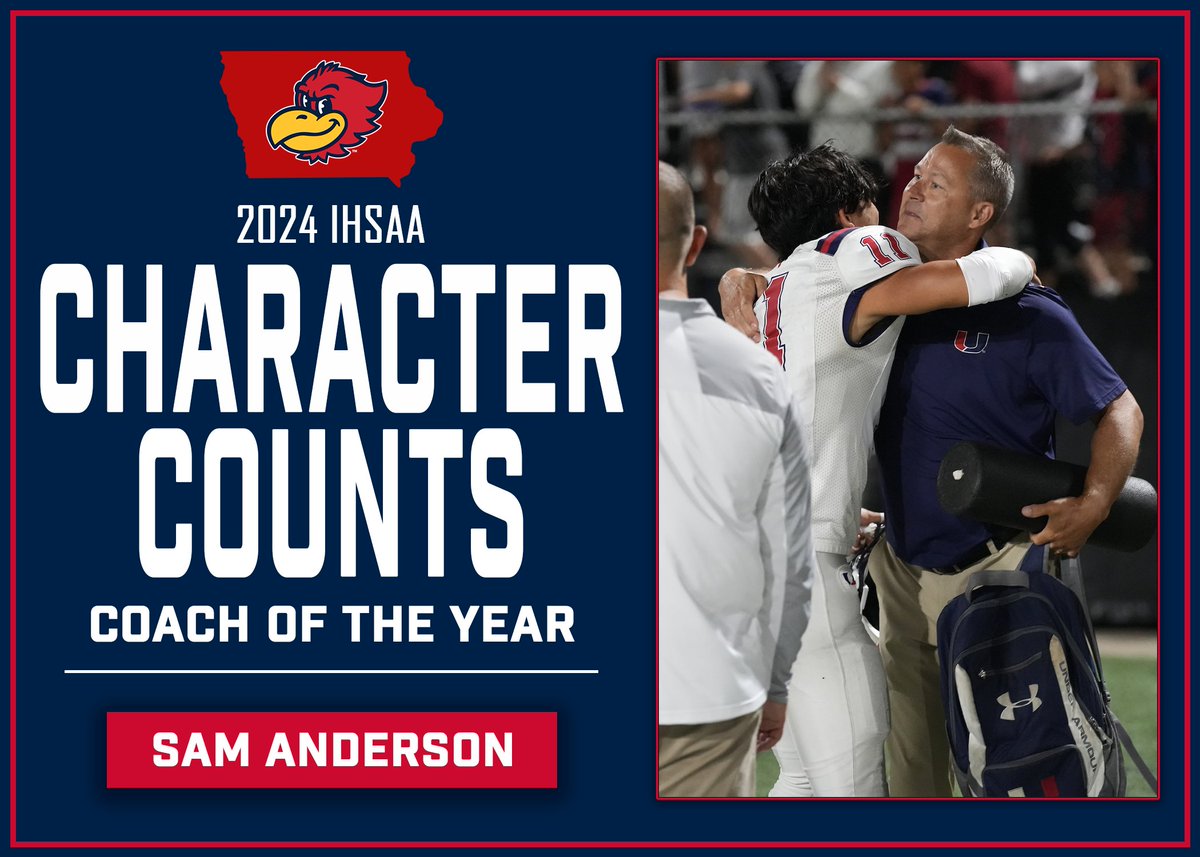 UrbandaleJHawks's tweet photo. 𝐂𝐇𝐀𝐑𝐀𝐂𝐓𝐄𝐑 𝐂𝐎𝐔𝐍𝐓𝐒 𝐂𝐎𝐀𝐂𝐇 𝐎𝐅 𝐓𝐇𝐄 𝐘𝐄𝐀𝐑

Congratulations to Urbandale Head Football Coach Sam Anderson for winning the 2024 Character Counts Coach of the Year!

We appreciate your dedication to our students, program, and community!

@IHSAA @TheRayCenter https://t.co/XTmvumMUig