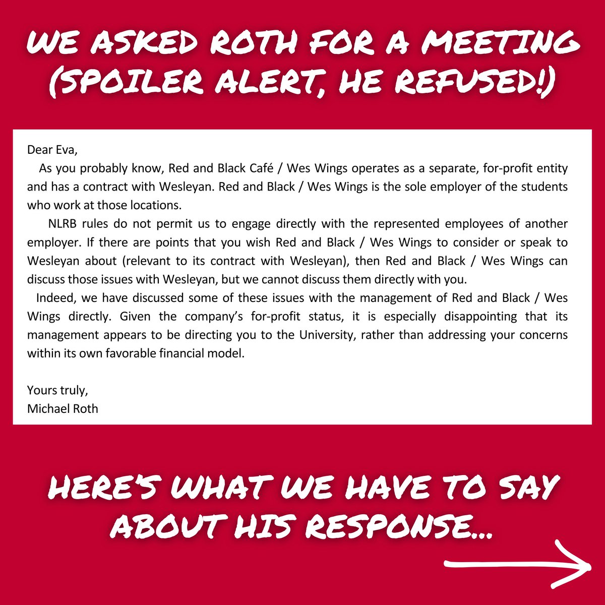 WesDWU's tweet photo. A few days ago, we emailed President Roth asking him to meet with us to talk about how Wesleyan can help ensure dining workers receive equal treatment on our campus. Spoiler alert: he said no. But we have a few notes on his response… (1/2) https://t.co/O66AxA6E2x