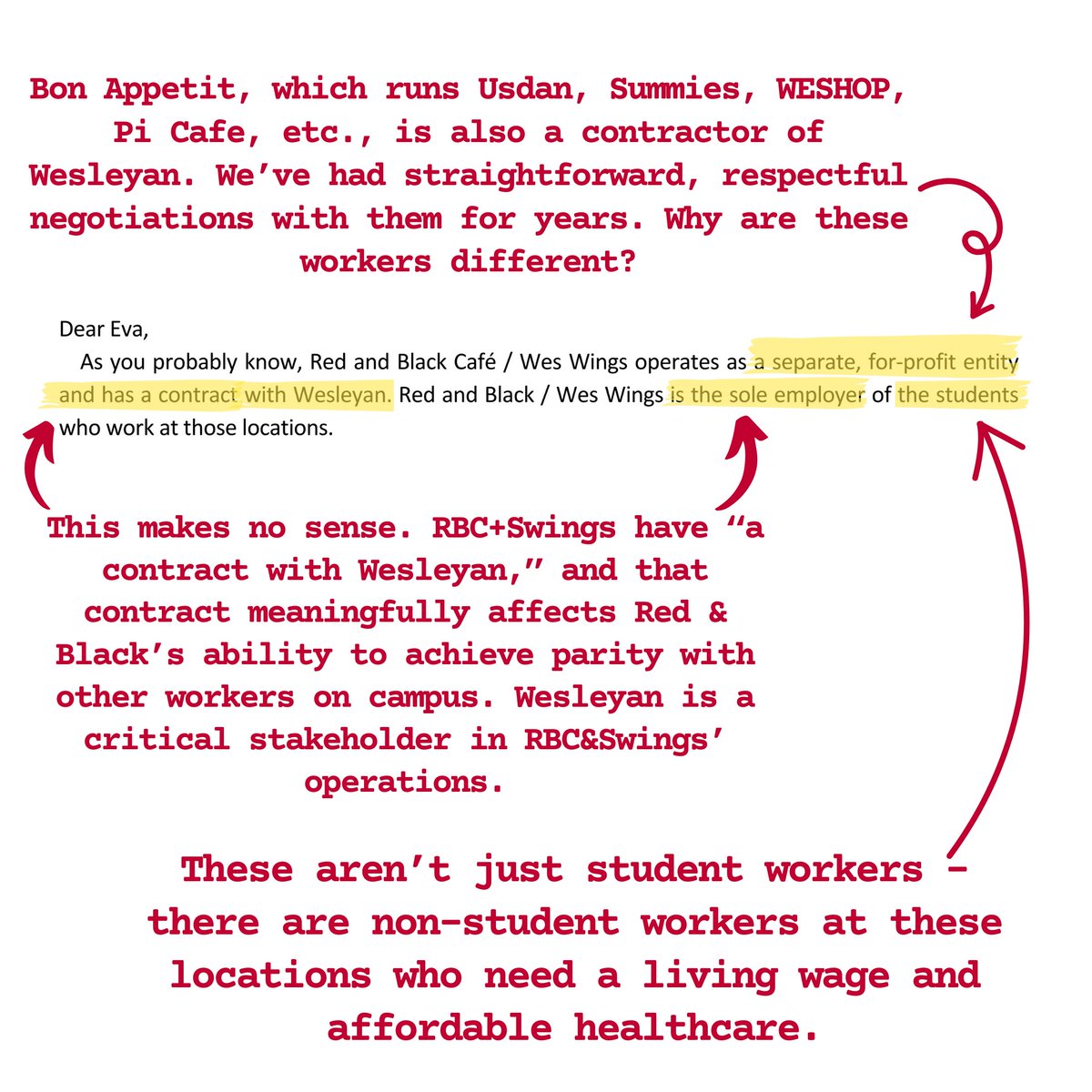 WesDWU's tweet photo. A few days ago, we emailed President Roth asking him to meet with us to talk about how Wesleyan can help ensure dining workers receive equal treatment on our campus. Spoiler alert: he said no. But we have a few notes on his response… (1/2) https://t.co/O66AxA6E2x