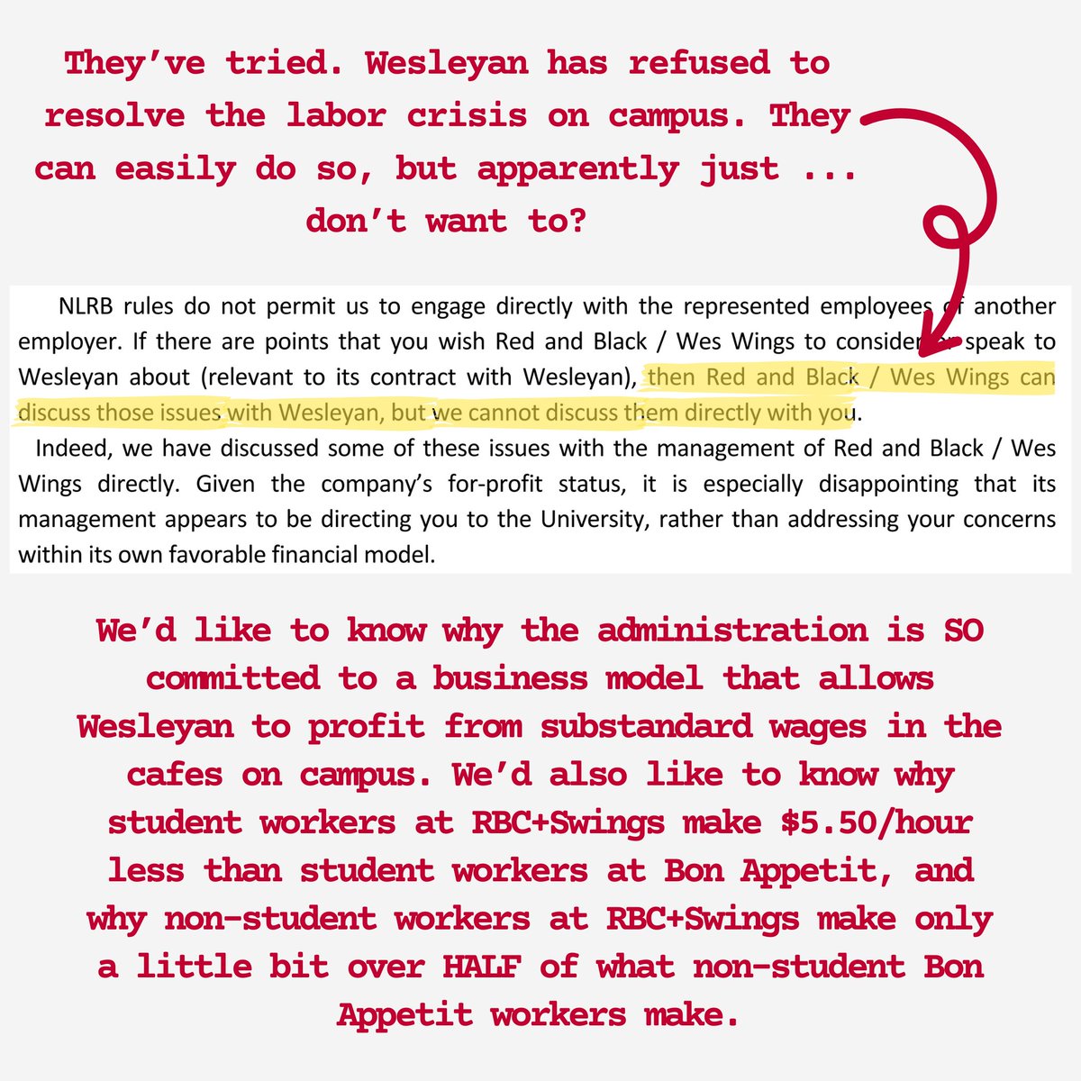 A few days ago, we emailed President Roth asking him to meet with us to talk about how Wesleyan can help ensure dining workers receive equal treatment on our campus. Spoiler alert: he said no. But we have a few notes on his response… (1/2)