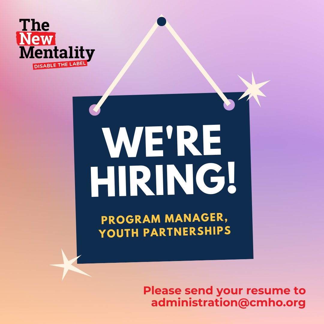 The New Mentality (@tnmengage) on Twitter photo Are you passionate about youth engagement and mental health advocacy? Apply for our Program Manager, Youth Partnerships today! Visit bit.ly/3I2xb1q for more information.
Applications are due on March 6, 2024. Please send your resume to administration@cmho.org.
#Hiring Are you passionate about youth engagement and mental health advocacy? Apply for our Program Manager, Youth Partnerships today! Visit bit.ly/3I2xb1q for more information.
Applications are due on March 6, 2024. Please send your resume to administration@cmho.org.
#Hiring