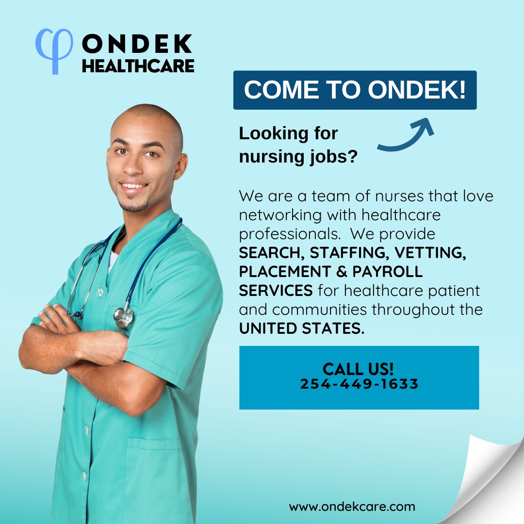 Looking for Nursing Jobs? Come Ondek!

Visit us at ondekcare.com or call 254-449-1633.

#NursingJobs #HealthcareStaffing #HealthcarePros #JoinOurTeam #OndekHealthcare #NursesUnited #MakingADifference #HealthcareCommunity
