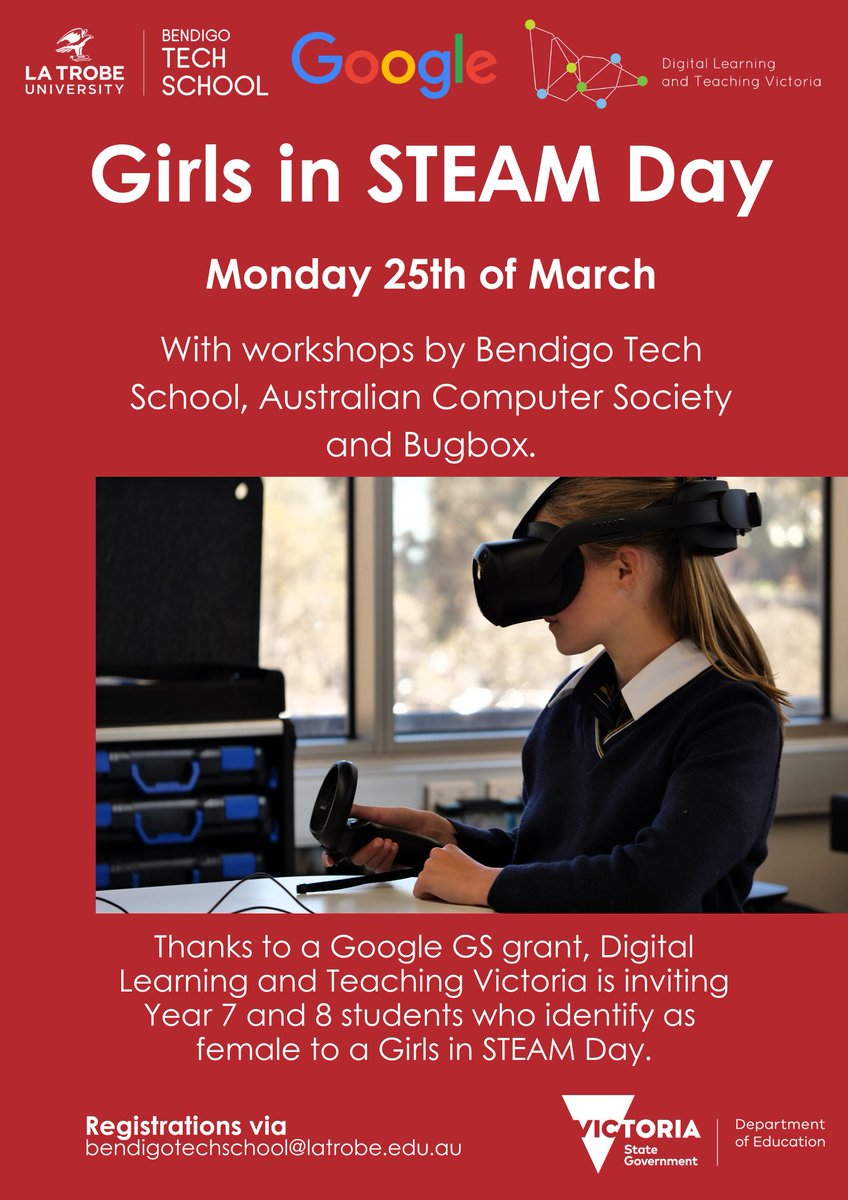 We're hosting a Girls* in STEAM Day on 25 March with Google CS & @DLTVictoria! Students will meet STEAM professionals & be immersed in hands-on sessions facilitated by Bugbox, @ACSnewsfeed & BTS. More info: bendigotechschool.vic.edu.au/latest-news/dl… *Includes gender-neutral & non-binary students