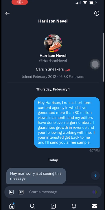 MikeClair9's tweet photo. @HarrisonNevel Hey Budd ! A middleman on Discord contacted me for a free sample, promising only 20% of the agreed payment. I have proof of his dishonesty and would like to discuss it with you privately. If you need a reliable video editor, reach out to me directly. https://t.co/A2iU3dLfQi
