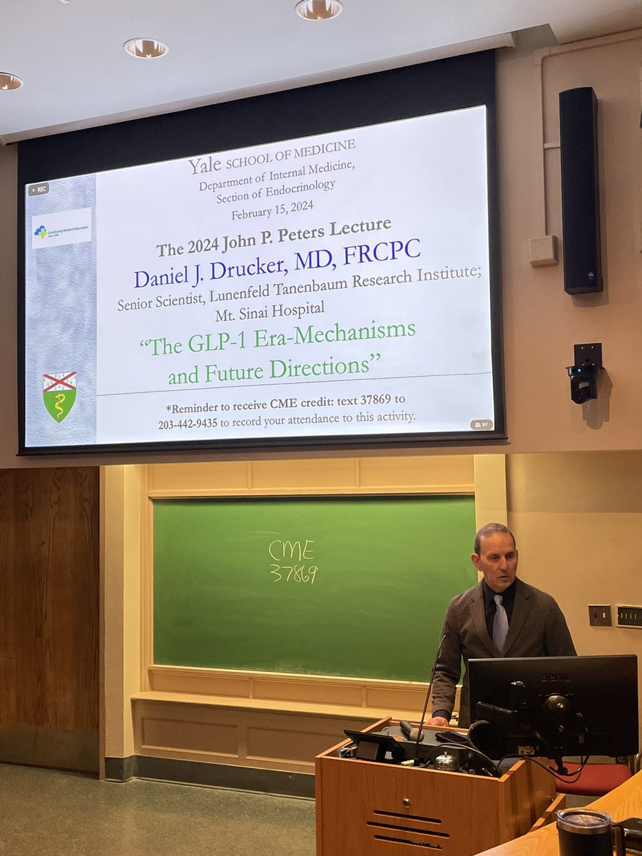 Visiting professor @DanielJDrucker giving the 2024 Peters Lecture for @YaleIMed Grand Rounds! 👏Thank you for sharing the story of “The GLP-1 Era”✨