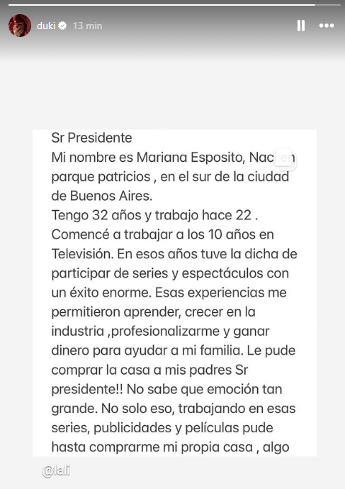 elcancillercom's tweet photo. [AHORA] Duki compartió el posteo de "Lali" tras las críticas de Milei. https://t.co/XJmNoB5Kr2
