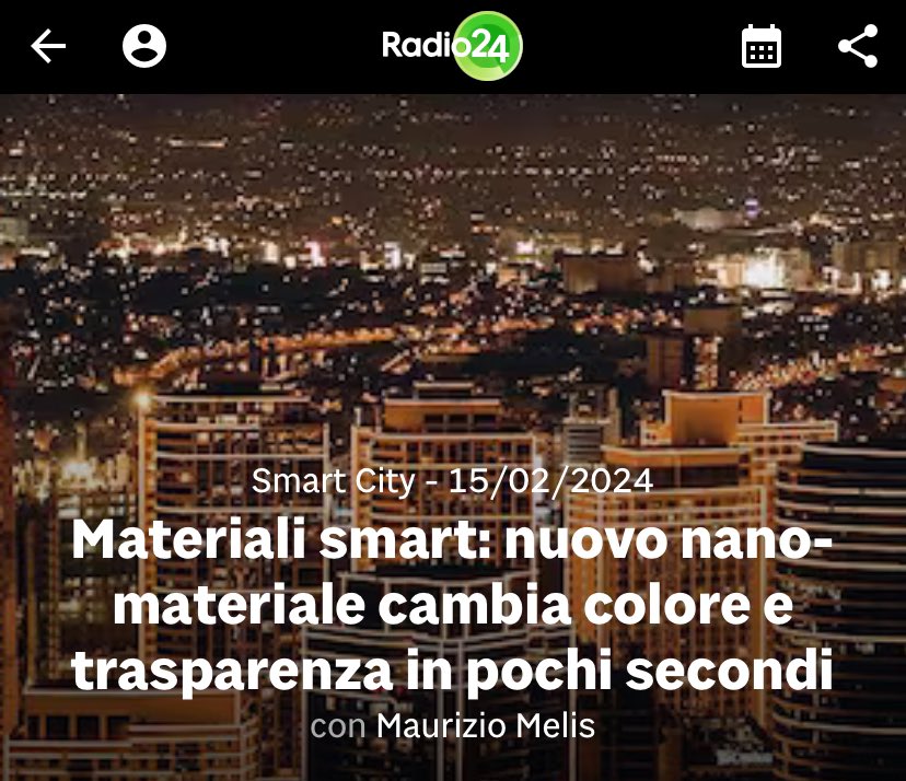 🎙️ Smart City - Radio24 “Materiali smart: nuovo nano-materiale cambia colore e trasparenza in pochi secondi” intervista a Luisa De Marco - Prima ricercatrice del @CnrNanotec con Maurizio Melis 📍del 15/02/2024 📌 ascolta l’intervista radio24.ilsole24ore.com/conduttori/mau… @CNRsocial_