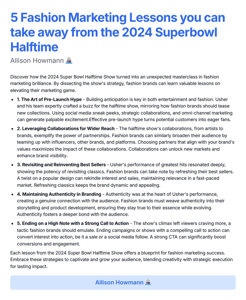 5 Fashion Marketing Lessons you can take away from the 2024 Superbowl Halftime #FashionMarketing2024 #SuperBowlStyleLessons #BrandHypeStrategies #CollaborativeFashion #ReinventFashionTrends #AuthenticBrandingTips #EffectiveCTAFashion #MarketingMasterclass #FashionTrends2024