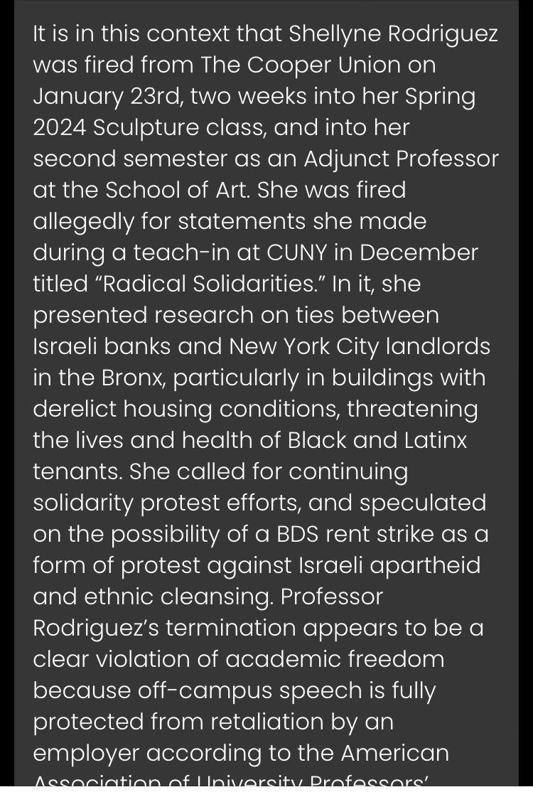 C4P is honored that renowned artist, educator & organizer Professor Rodriquez spoke at our teach-in on “Radical Solidarities”. We learned so much from impt connections she made. Shame on @cooperunion for throwing a prof under the bus rather than defend her from rightwing attacks!