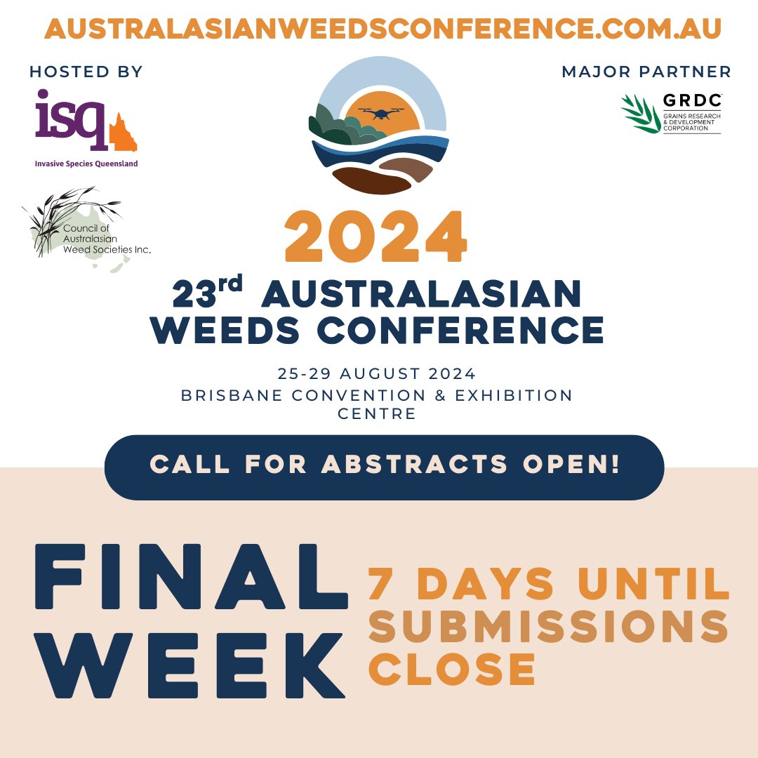 austweedsconf's tweet image. ACT NOW! Only 7 days remaining to submit your abstract.  australasianweedsconference.com.au #callforabstract #weedmanagement #invasivespecies