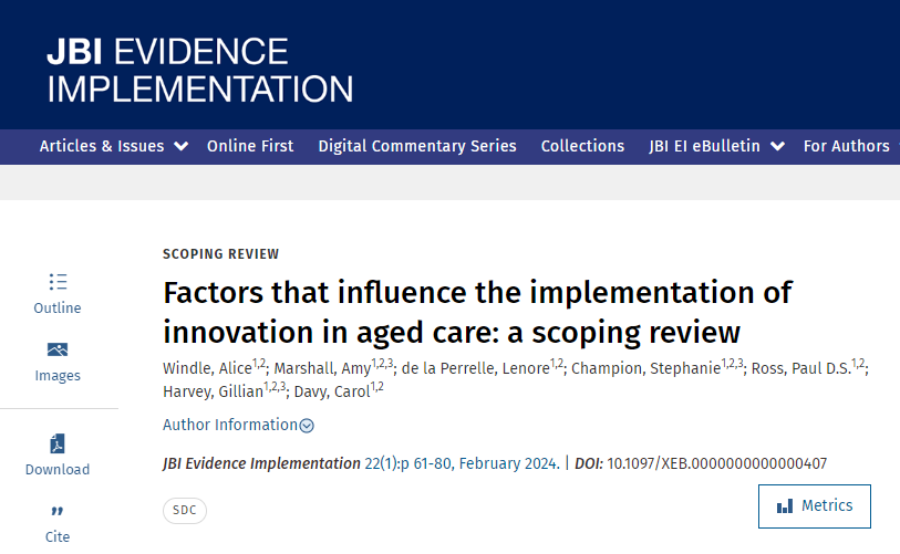 JBI Evidence Implementation - Issue 1, 2024
#EBHC #bestpractice
This review analyses the complexities of innovation #implementation, highlighting the important role of organisational context and stakeholder engagement.
tinyurl.com/m4dk9eu8