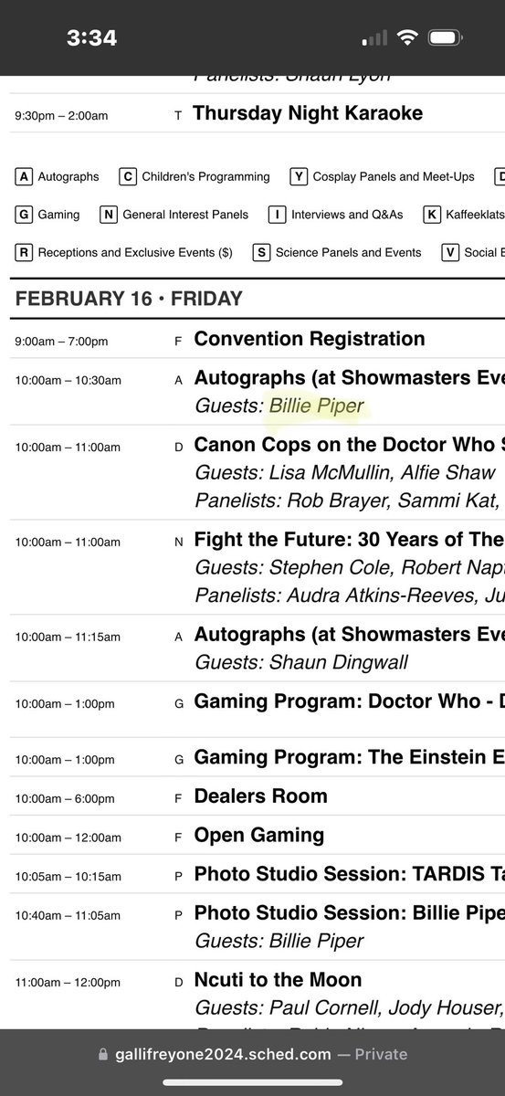 TrakenTourist's tweet photo. @gallifreyone I am looking at THIS YEAR's schedule (below).  Jacobi's sched has no script reading listed, although Galli sold premium tickets for his script reading Friday at 10AM. if you search for "script" it lists last year's Friday instead. Glitch, or is his cancelled? https://t.co/7luwDSdCWI