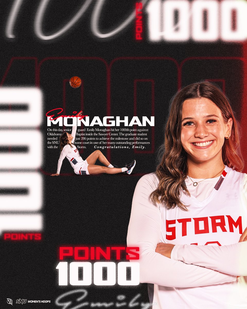 𝑾𝒆𝒍𝒄𝒐𝒎𝒆 𝒕𝒐 𝒕𝒉𝒆 𝒄𝒍𝒖𝒃, 𝑴𝒂𝒕𝒆... 🤝

<a href="/SNUwbb/">SNU Women's Basketball</a>’s <a href="/Emilymonaghan15/">Emily monaghan</a> becomes the newest member of the 1️⃣0️⃣0️⃣0️⃣ 𝙥𝙤𝙞𝙣𝙩 𝙘𝙡𝙪𝙗, knocking down her 286th point this season against rival Oklahoma Baptist!

𝐂𝐨𝐧𝐠𝐫𝐚𝐭𝐮𝐥𝐚𝐭𝐢𝐨𝐧𝐬 𝟏𝟐 🥳

#BoltsUp⚡️