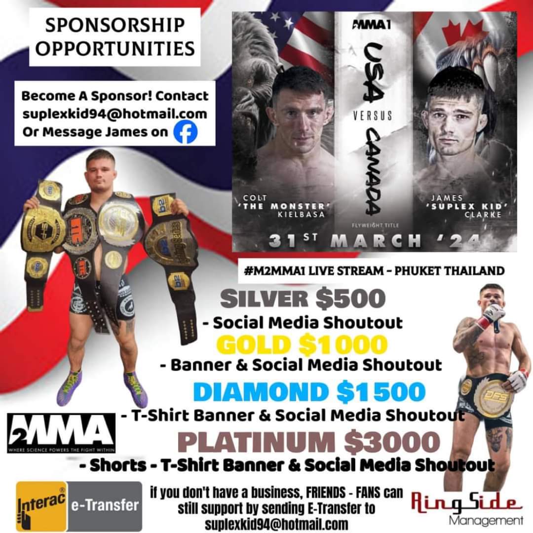 🚨Become A Sponsor
📧suplexkid94@hotmail.com
🔥FANS - FRIENDS - FAMILY🔥
If you don't have a business &amp; still want to support James, you can send him💲via Interac E-Transfer
📩suplexkid94@hotmail.com 
#M2MMA1 #boxing #MMA #bjj $MRES $RLAB #livemma #mmaworld #mmafights #MMATwitter