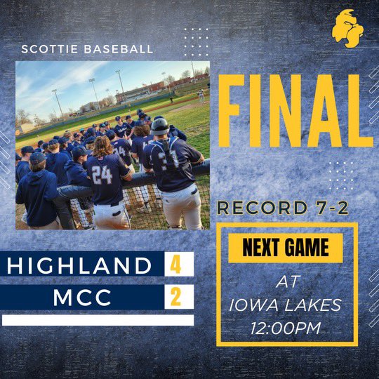 HCCscottieBSB's tweet photo. Scotties Win!!! 

Highland adds win #7 on the season, topping MCC-Maple Woods 4-2. 

Your MFA-inc. Players of the Game are 2B man Maverick Rockers (@RockersMaverick) &amp; Starting Pitcher Kyle Snyder (@Kyle_Snyder22) 

#CTN | #FAMILY | #ScottieNation 

🎨: @CarterPoole13 https://t.co/nQwFQCHLw7