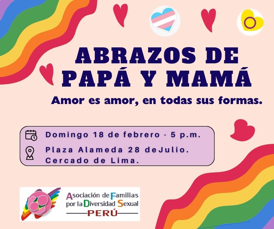 alesamuelmerino's tweet photo. Abrazos de Papá y Mamá
Amor es amor en todas sus formas
Domingo 18 de febrero de 2024 de 5 - 7 pm
Alameda 28 de julio Lima Cercado
Madres y padres de LGBTI+ demostrarán públicamente el apoyo que le brindan a su ser querido. 
Estás cordialmente invitadx. https://t.co/C79hCZdQtx