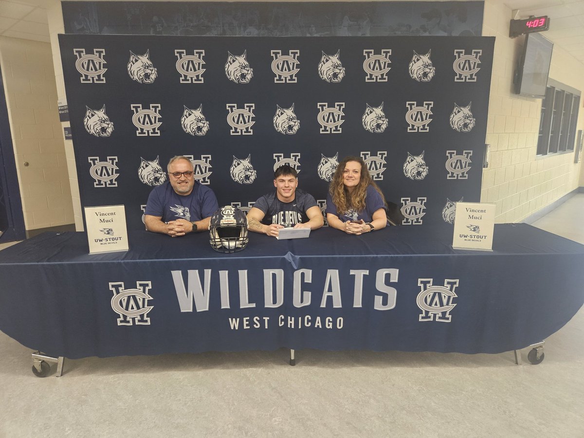 WestChicagoFB's tweet photo. Today Vincent Muci signed his letter of intent to play football at UW Stout.  Couldn't be more happier for you.  You will do great there.  

Go Cats!
#BTough
#BPhysical https://t.co/YiwgbnL2u9