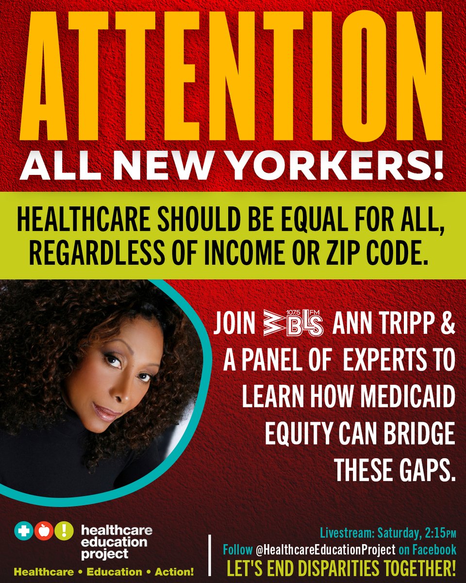 Attention NEW YORKERS! 🚨 This Saturday, #WBLS and Ann Tripp join the @HealthEdProject to advocate for #MedicaidEquityNow in NY State. Watch Tripp and a panel of experts at 2:15pm to learn how medicaid equity can bridge these gaps. 

➡️ nyhjustice.org for more details