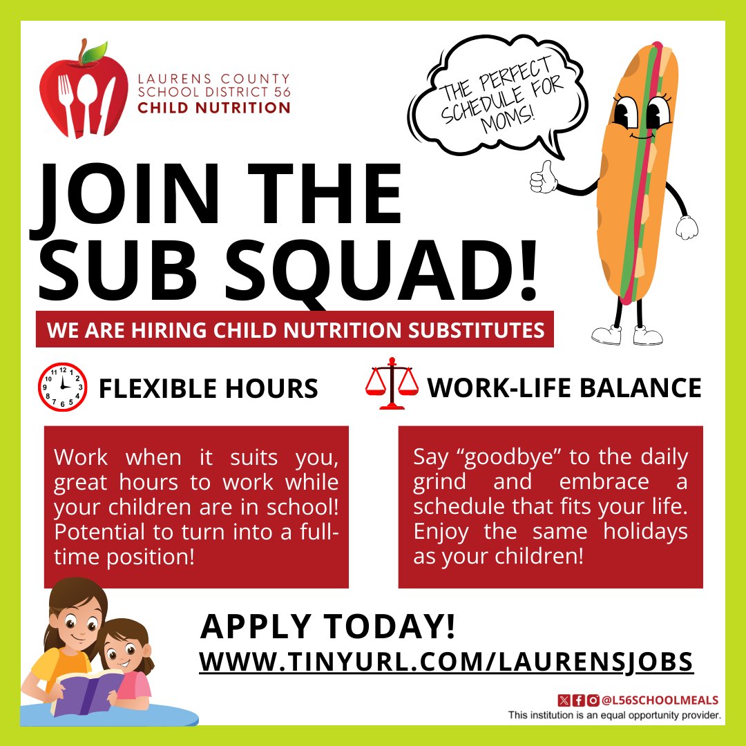 L56SchoolMeals's tweet photo. We are always looking for energetic substitutes for our cafeterias! Apply today: https://t.co/IxhTRO0Yo4

@laurens_56 #schoolmealsmatter #theexperiencematters #LaurensSC #LaurensSouthCarolina #SCschool #LaurensCounty https://t.co/CFiS9WYMA9