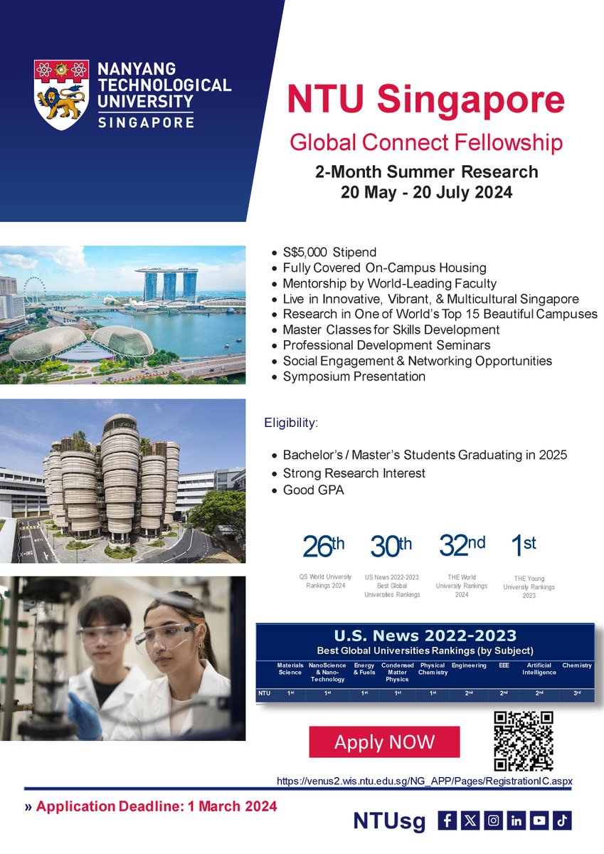 NTU Singapore Global Connect Fellowship If you are final year Bachelor's or Master's degree student at a top global university, you should apply for 𝐆𝐥𝐨𝐛𝐚𝐥 𝐂𝐨𝐧𝐧𝐞𝐜𝐭 𝐅𝐞𝐥𝐥𝐨𝐰𝐬𝐡𝐢𝐩 by March 1st. Apply Now tinyurl.com/mww6ue5d #NTUsg #Research #University