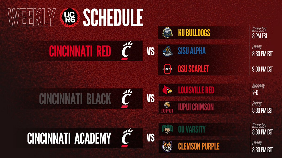 🤼GAME DAY🤼

There will be POV streams for only Red and Academy today, as Black played their #MWR6 match vs. @UofLEsports on Monday and won 2-0!

📺 Streams:
UC Red: twitch.tv/uc_rainbow6
UC Acad: twitch.tv/pineappleuc
                    twitch.tv/greenbeanuc

#CatsBy90