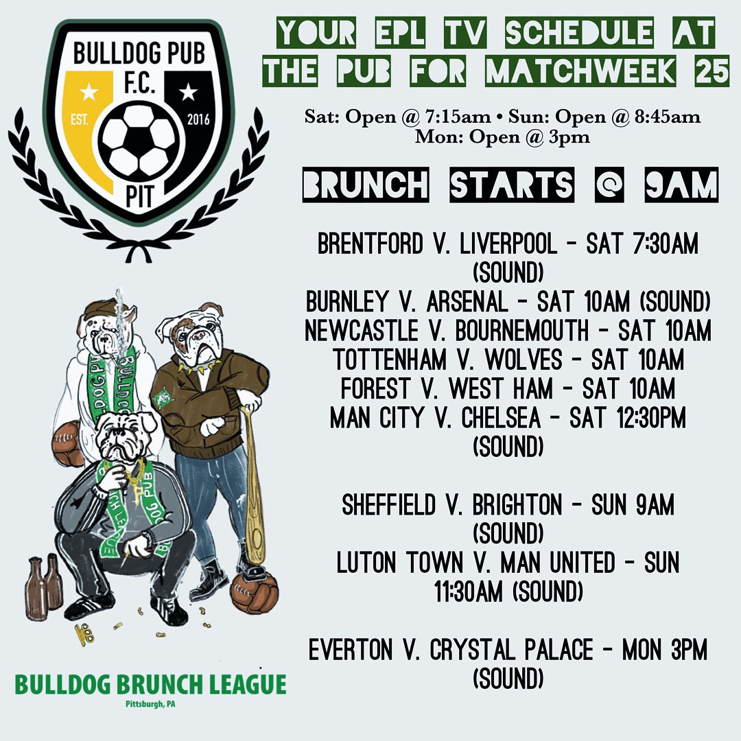 Your #BulldogBrunchLeague #EPL ⚽️ TV schedule for MW25!!! See yinz this weekend @CommunityReds1 #LFG