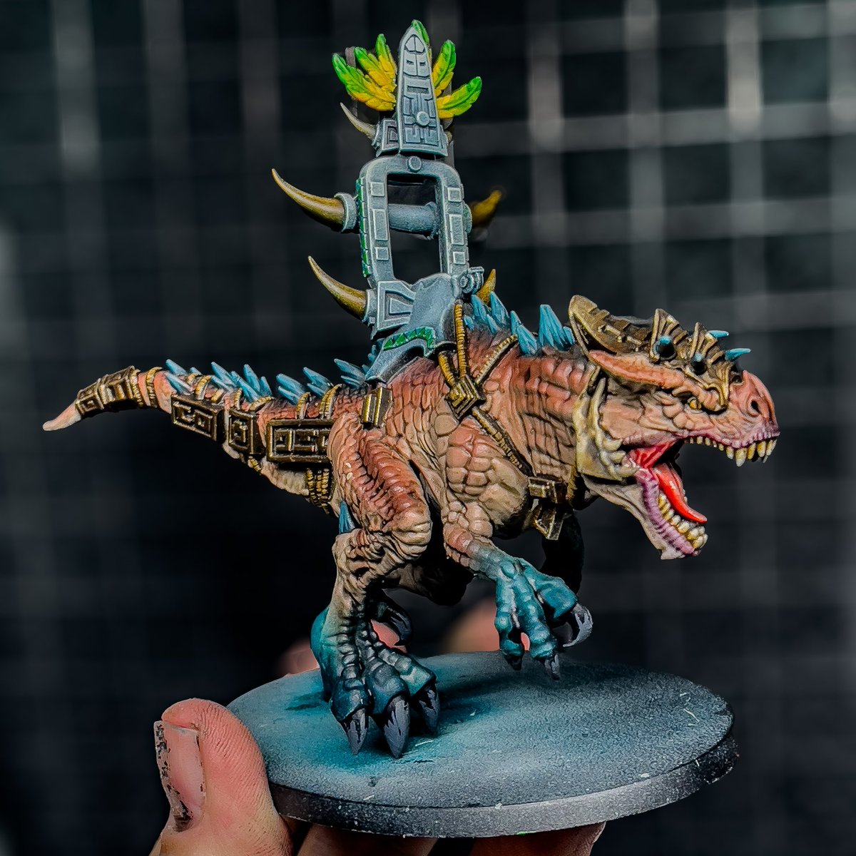 What do you think? Painting something new today, this is the Tyranodaur from @onepagerules Saurain Army, and available as part of the #secretsoftixal  campaign. Model crocuses by @MyMiniFactory - video coming soon. (recipe by @cultofpaint)

#MiniPainting #MiniPrinting