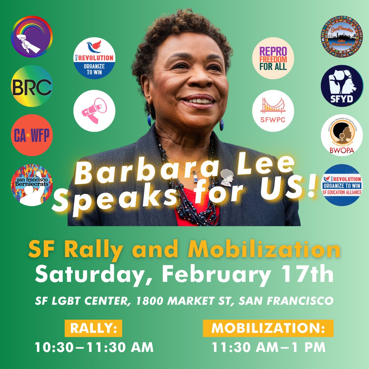 SAN FRANCISCO: Get out the vote on Saturday with @AliceLGBTQDems, @BayardRustin1, @CA_WFP, @sfberniecrats, @OurRevolution, @harveymilkclub, @reproforall, @sfwpc, @SFLatinxDems, @SFYD, @BWOPATILE, @SFEdAlliance, and me at the @SFLGBTCenter! RSVP: mobilize.us/barbaralee/eve…